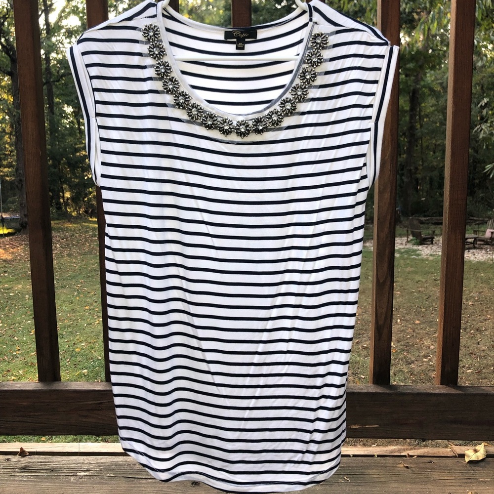 White and navy striped beaded sleeveless shirt